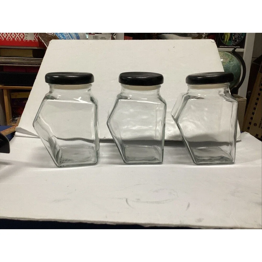 vintage glass storage slanted jars w/black lids set of 3 w/rack 8-3/4”H